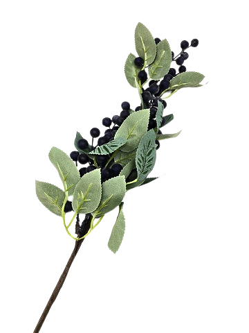 25-inch artificial blueberry spray with dark blue berries and green leaves on a brown stem.