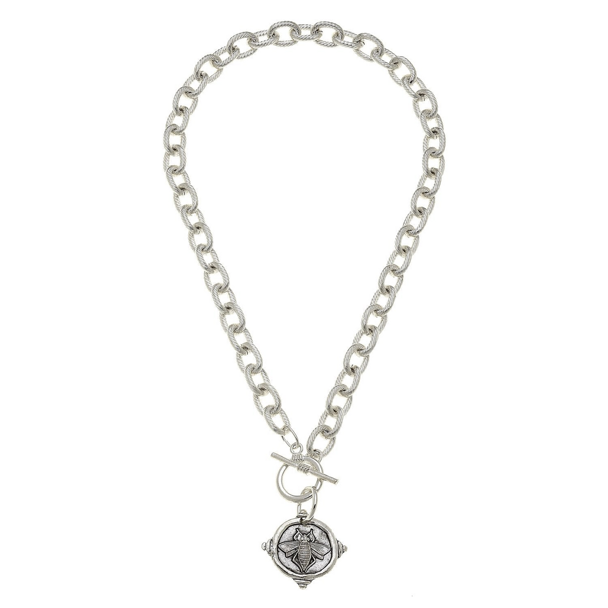 16-inch silver toggle necklace with a textured link chain and a round bee intaglio pendant.