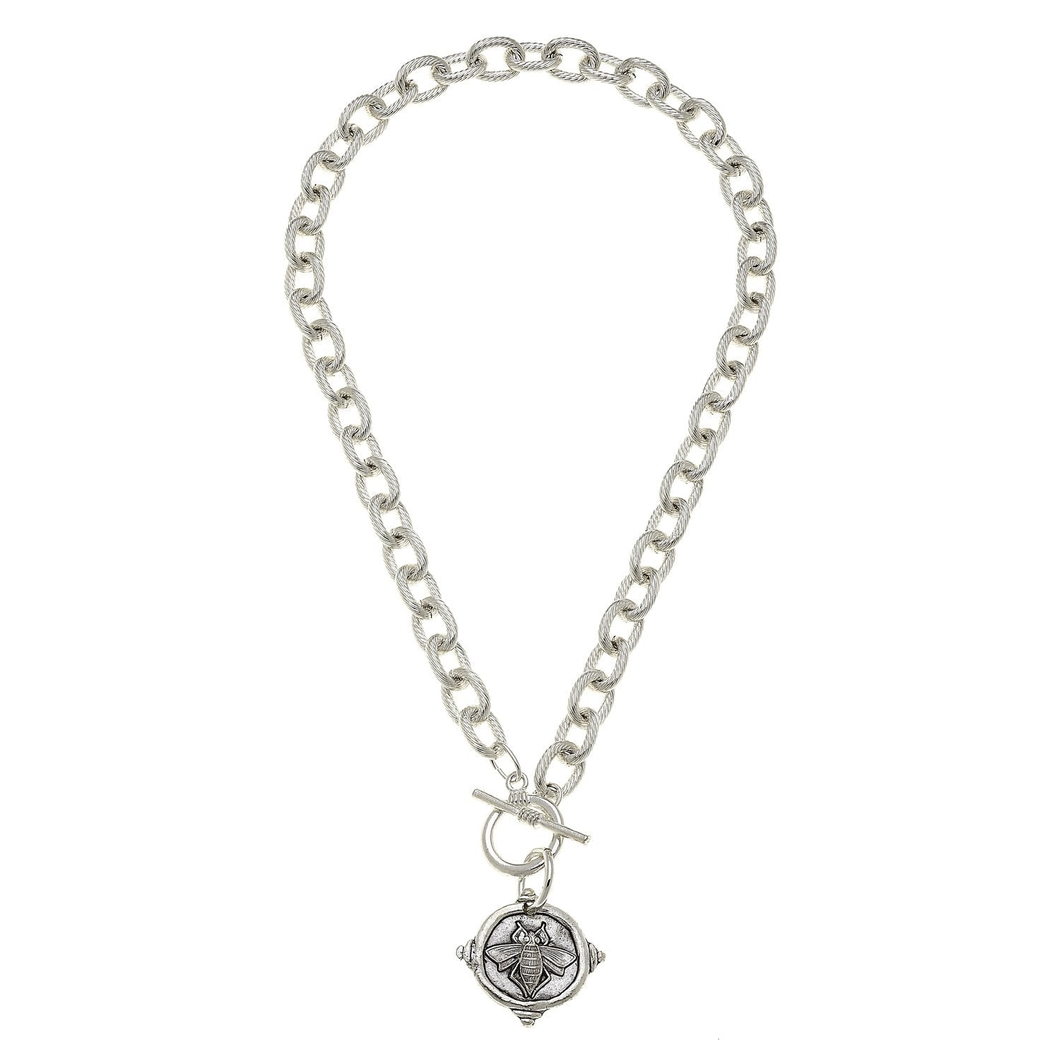 16-inch silver toggle necklace with a textured link chain and a round bee intaglio pendant.
