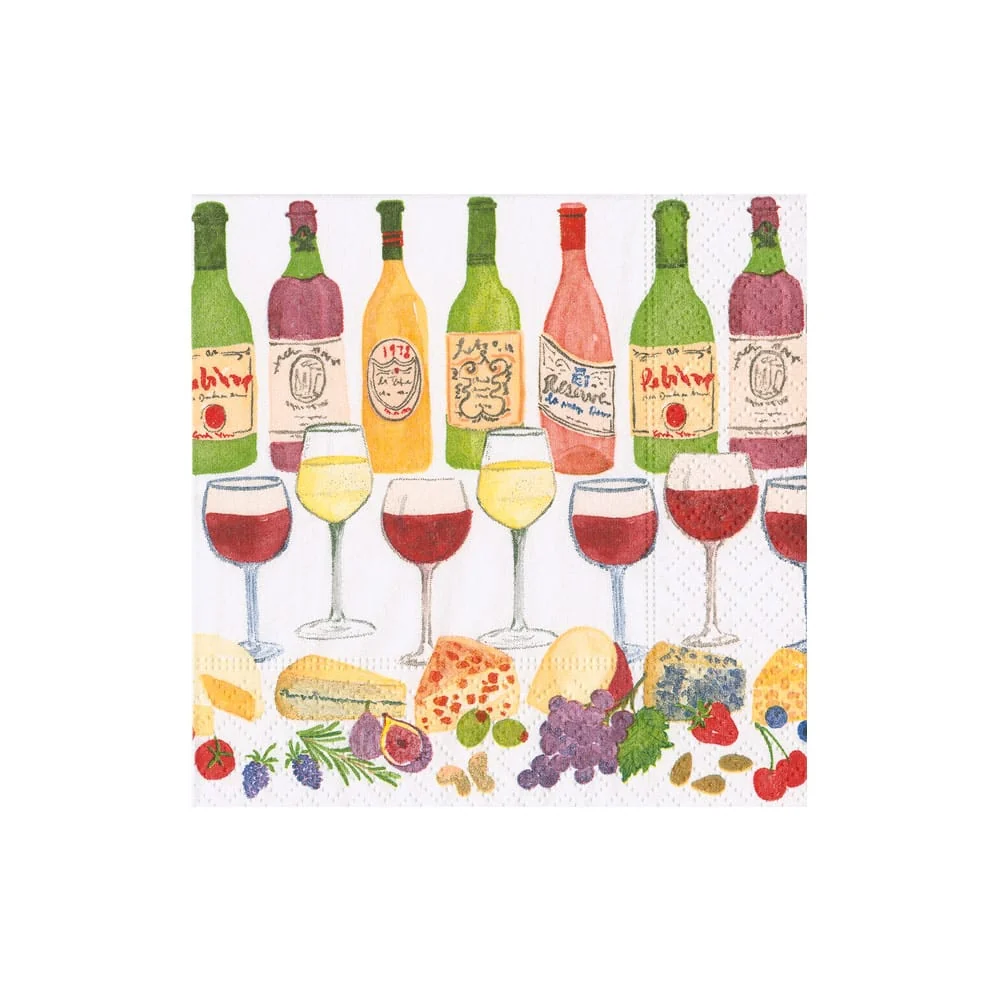 Caspari cocktail napkin featuring an illustration of wine bottles, glasses, cheese, and fruit.