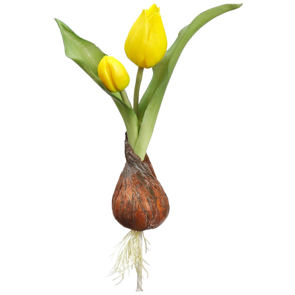 Plastic tulip spray with bulb featuring a wire core structure in natural tones.