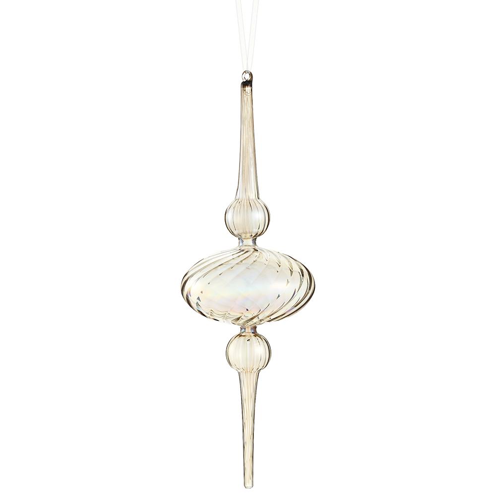 15-inch gray iridescent glass finial ornament with a ribbed, spiraled center and tapered ends.