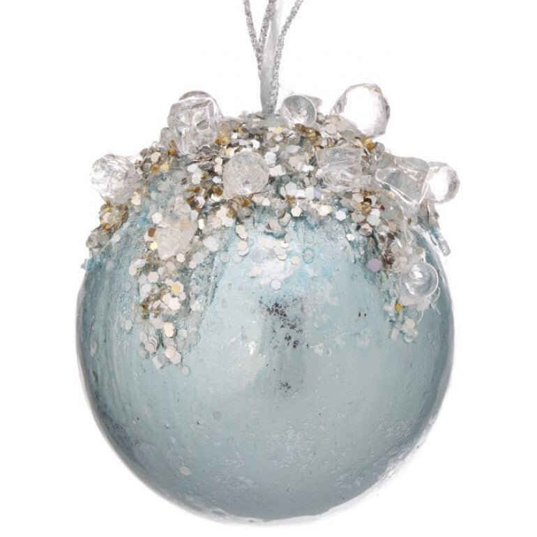 4-inch light blue glass ball ornament decorated with clear jewels and silver glitter accents.