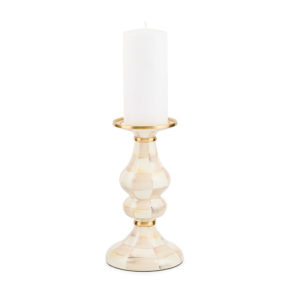 Hand-glazed steel pillar candlestick with hand-painted Checks pattern, brass accents, and bronzed stainless steel rim.