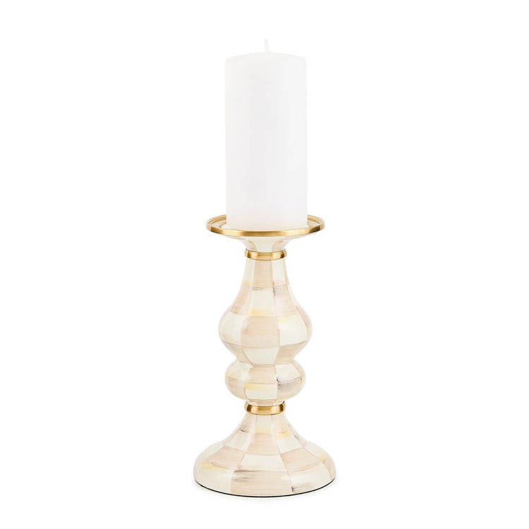 Hand-glazed steel pillar candlestick with hand-painted Checks pattern, brass accents, and bronzed stainless steel rim.