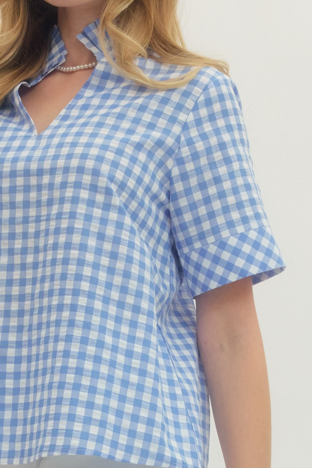 Natalie gingham short sleeve top with stand collar V-neck in white cotton.