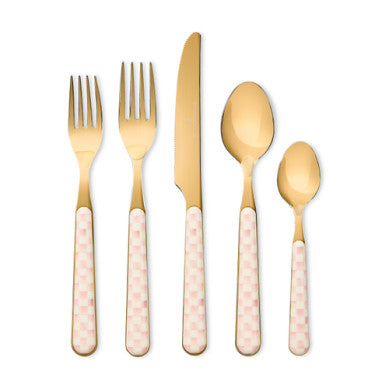 Set of five Check Bistro flatware pieces in brushed stainless steel featuring a modern geometric handle pattern.