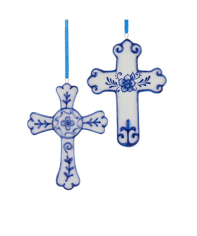 Porcelain Delft blue cross ornament with a classic white ceramic finish.