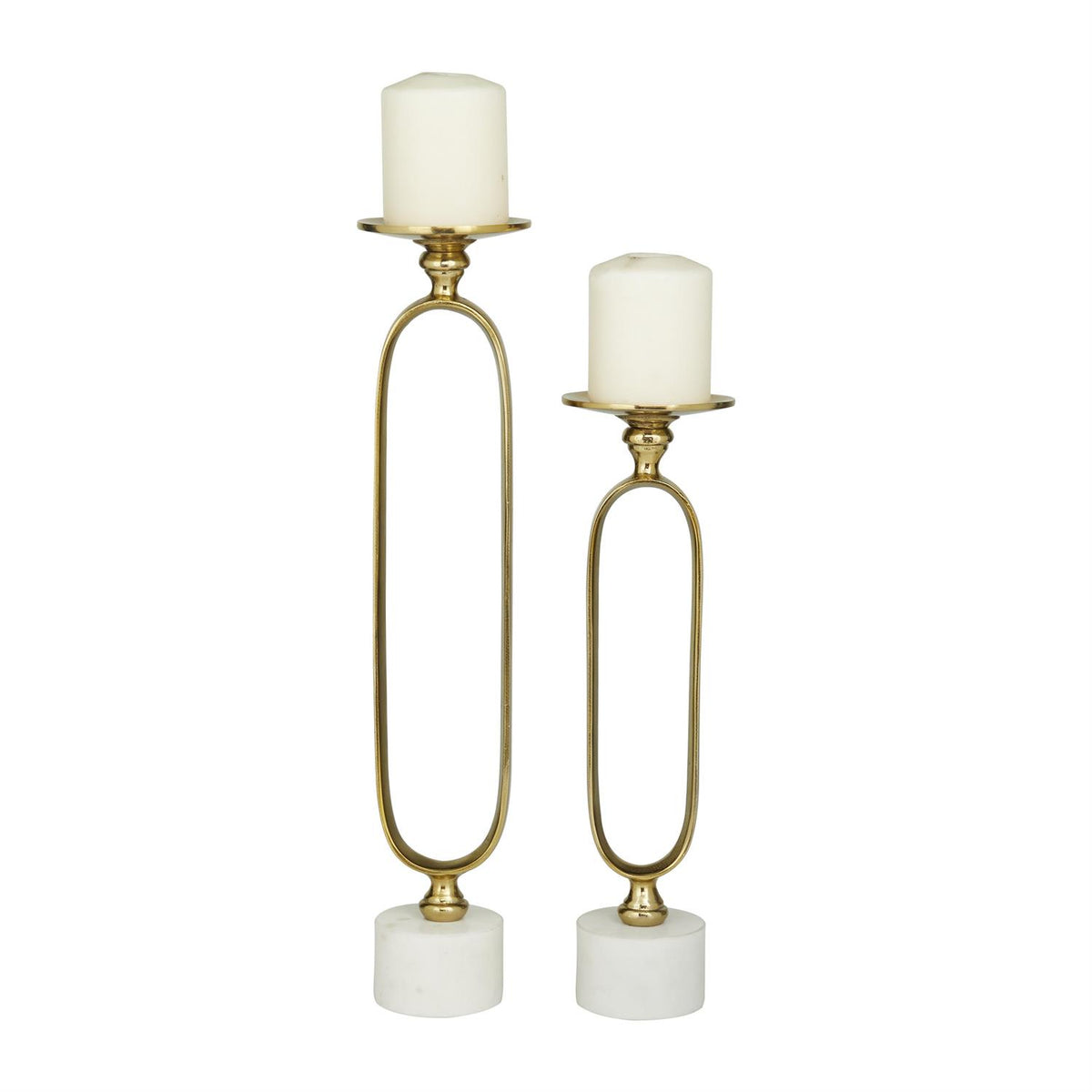 Gold aluminum metal paper clip pillar candle holder with a curved wire base.