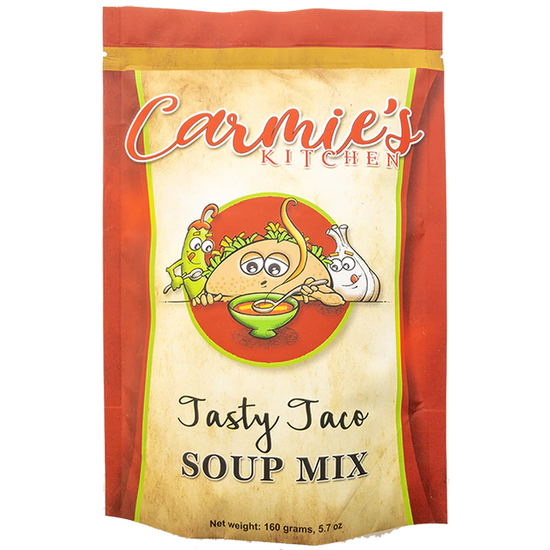 Carmie's Kitchen Tasty Taco Soup Mix 5.7 oz pouch with cartoon taco, chili, and garlic characters.