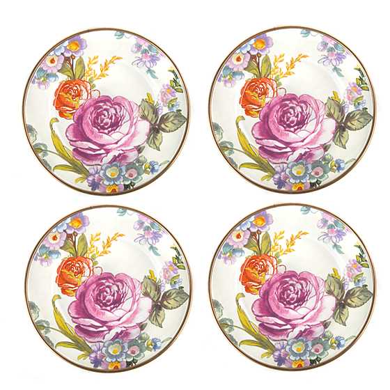 Set of four Flower Market Canape Plates with hand-applied pink and orange floral transfer decoration