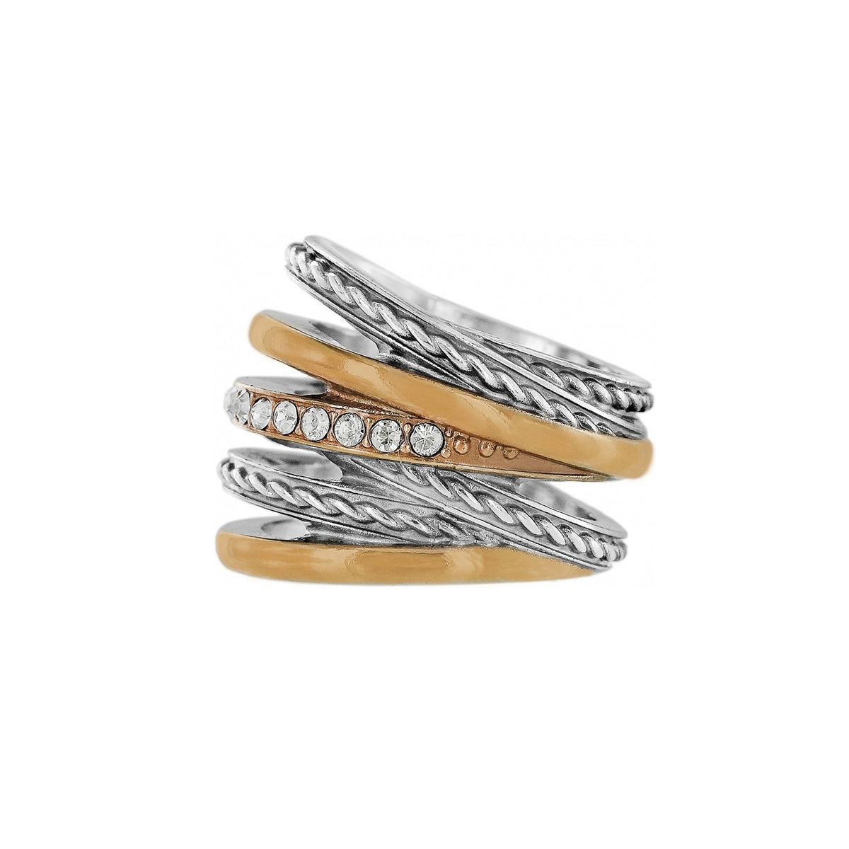 Neptune's Rings stacked band ring with silver-plated rope textures, gold-plated bands, and crystals.