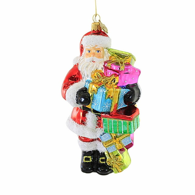 Hand-painted glass Santa ornament carrying a stack of colorful wrapped gifts with gold bows.