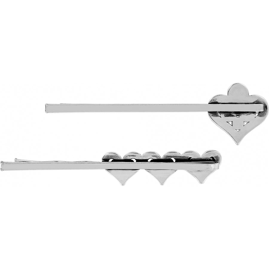 Silver plated bobby pin set featuring fine quality crystal heart accents.