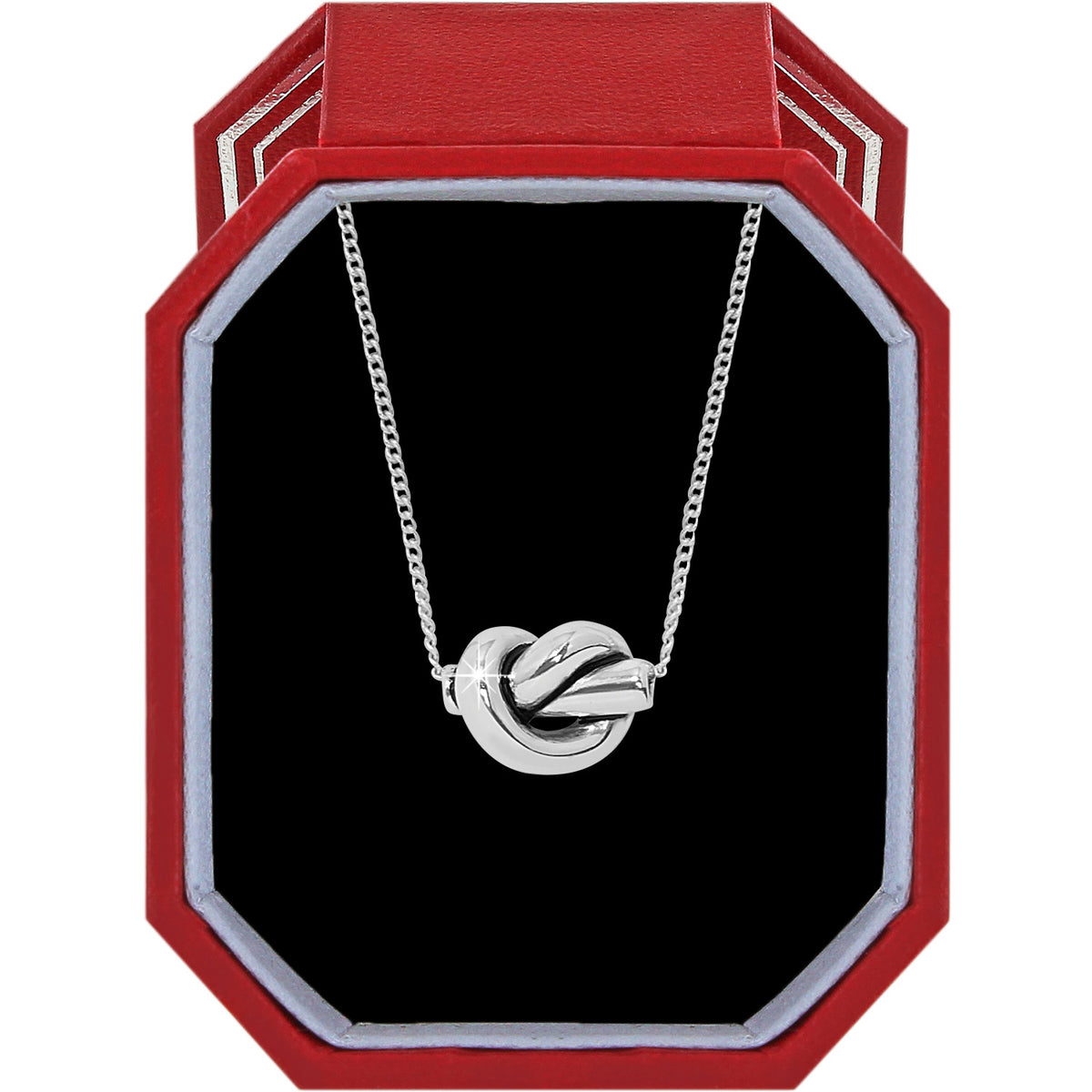 Silver-plated Interlok Single Knot Mini Necklace in a red octagonal gift box.
