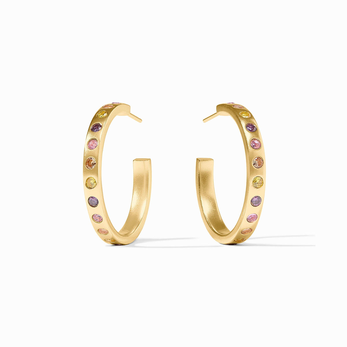 Pair of 24K gold-plated hoop earrings with multi-colored rainbow cubic zirconia stones.