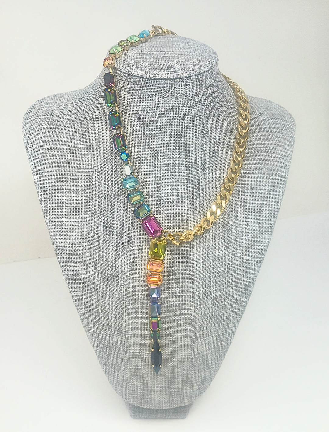 Roxanna Midnight Express necklace featuring high-quality crystals on a brass base metal chain with a 5-inch drop.