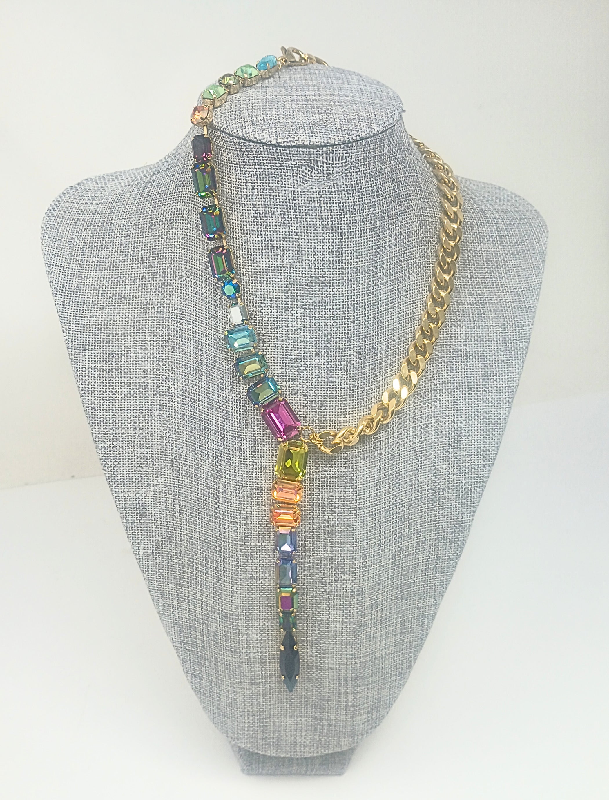Roxanna Midnight Express necklace featuring high-quality crystals on a brass base metal chain with a 5-inch drop.