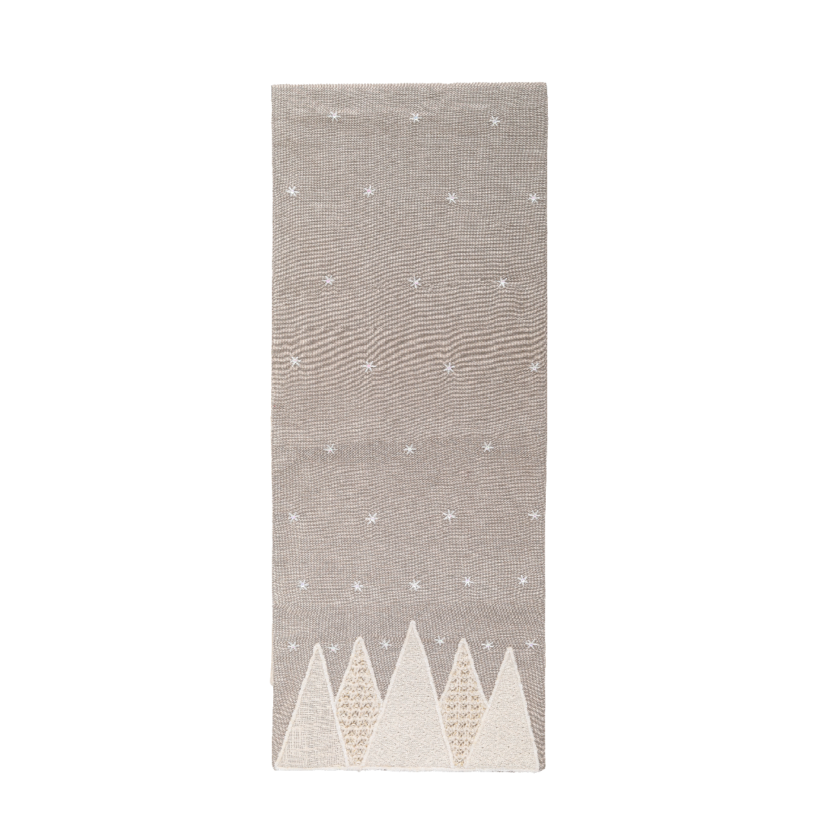 Grey table runner with embroidered white Christmas trees and falling snowflakes.