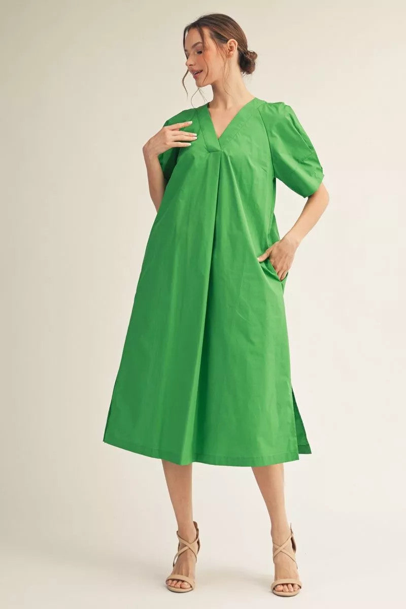 Aria Short Puff Sleeves Solid Woven Midi Dress