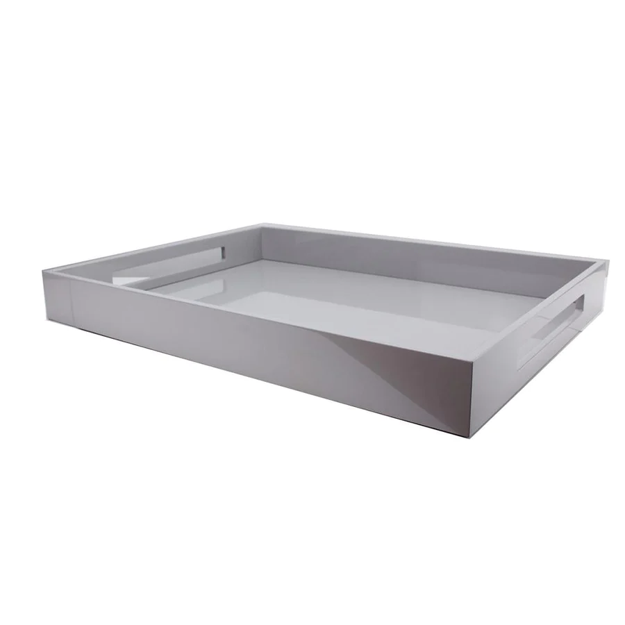 Grey lacquered ottoman tray with a rectangular shape and smooth surface.