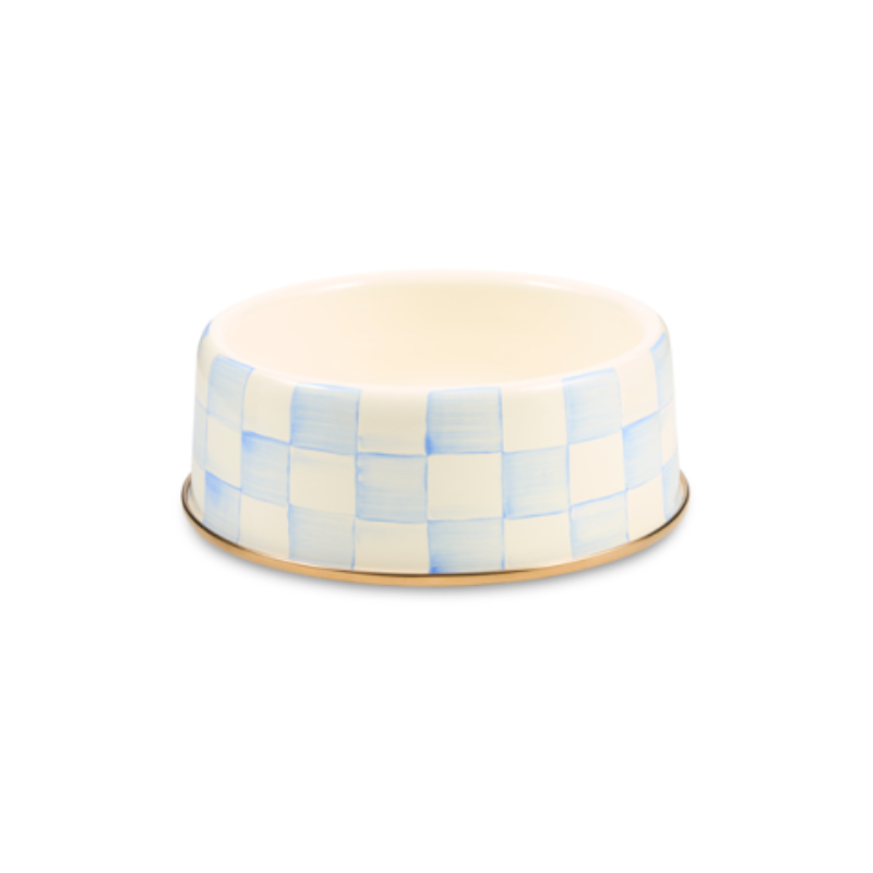 Sky Check Large Pet Dish with a blue and white hand-painted checkered pattern and gold-tone rim.