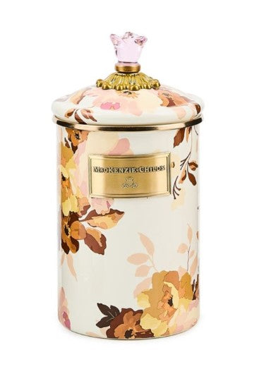 Wild Rose White Large Canister with floral pattern, gold-tone label, and pink glass lid knob.
