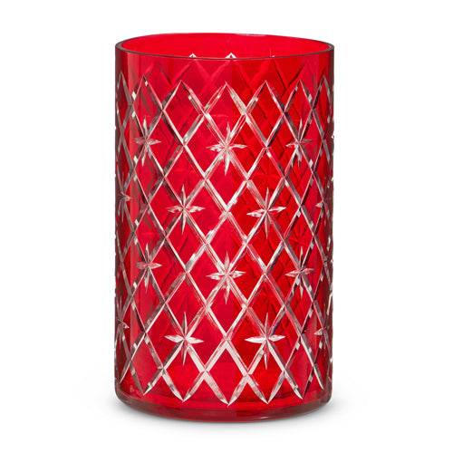 Red glass container with etched patterns, measuring 8.5 inches tall.