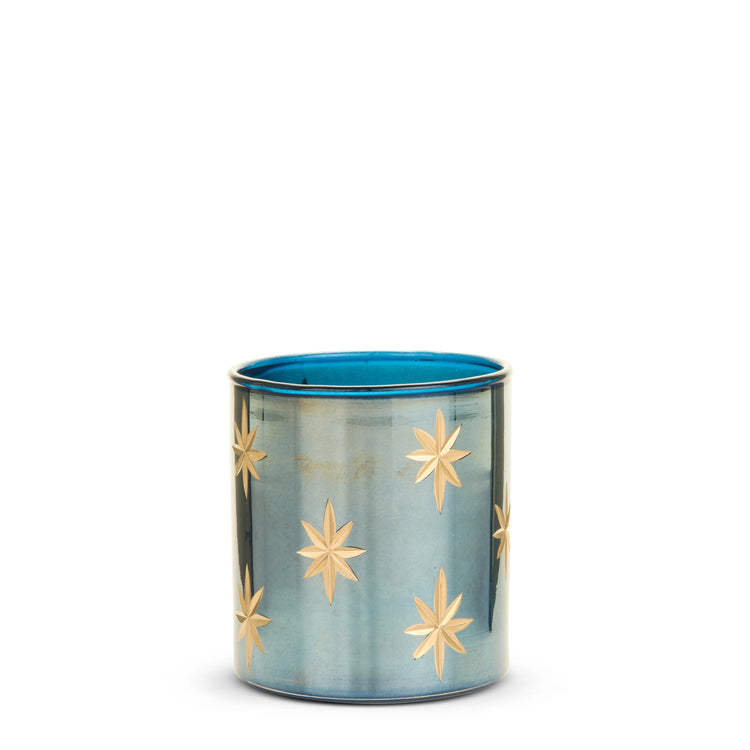 Etched Blue Star Container made of glass with a metallic blue finish and gold star details.