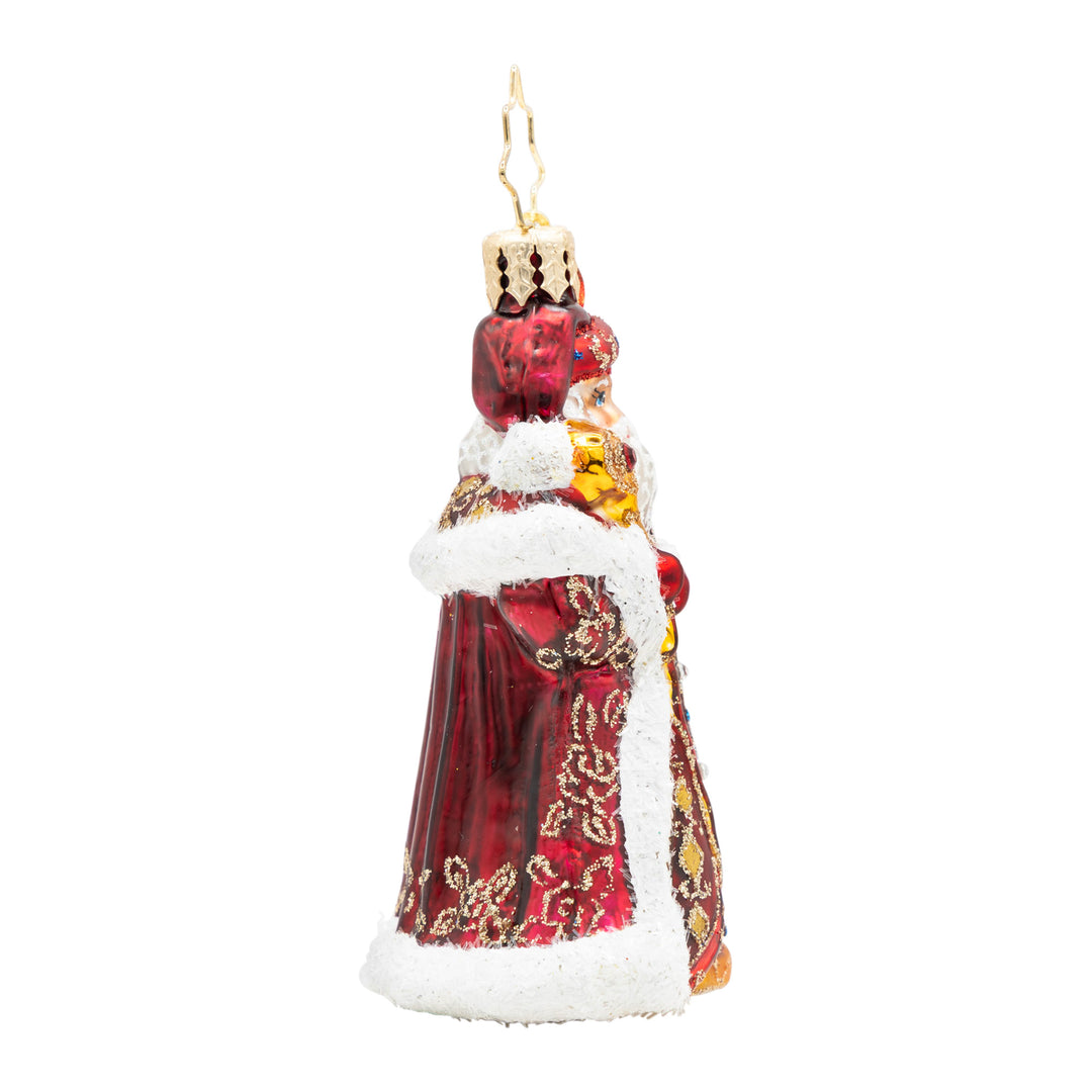 Years In The Making Nick Gem Santa ornament in a red satin coat with gold patterns and white trim.