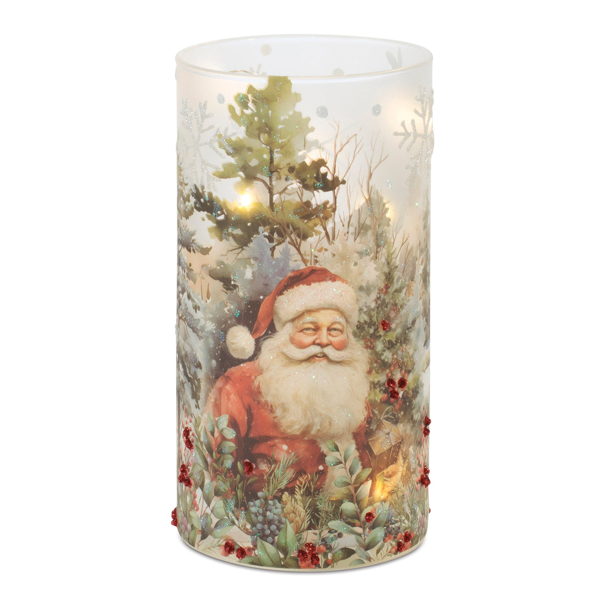 Glass Santa luminary with a festive holiday scene and warm internal LED lights.