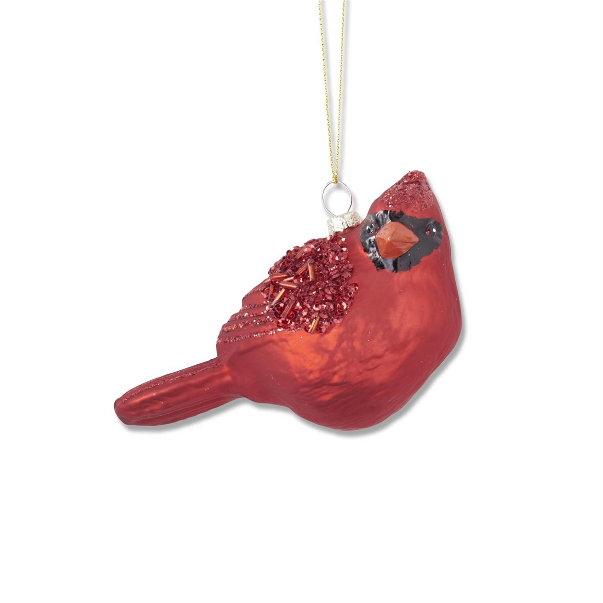 3-inch red blown glass cardinal ornament with glitter and bead accents on the wing.