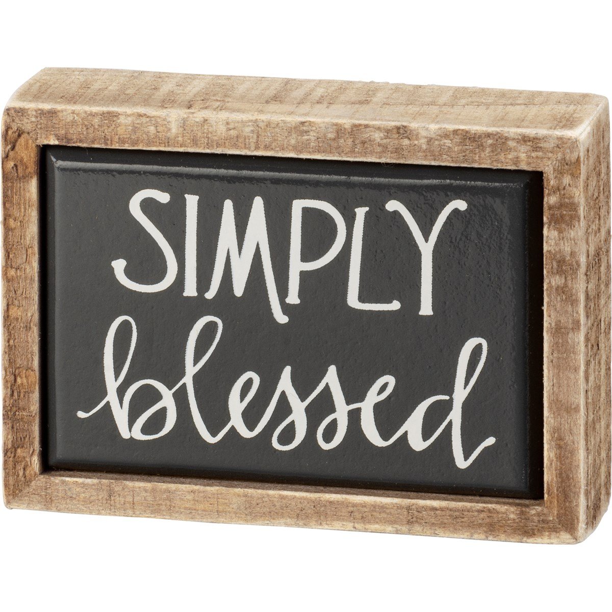 Wooden framed box sign with black background and white text reading 'SIMPLY blessed'.