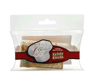 Feisty Fiesta Dip Mix by The Resident Chef in a clear plastic pillow box with a red label.