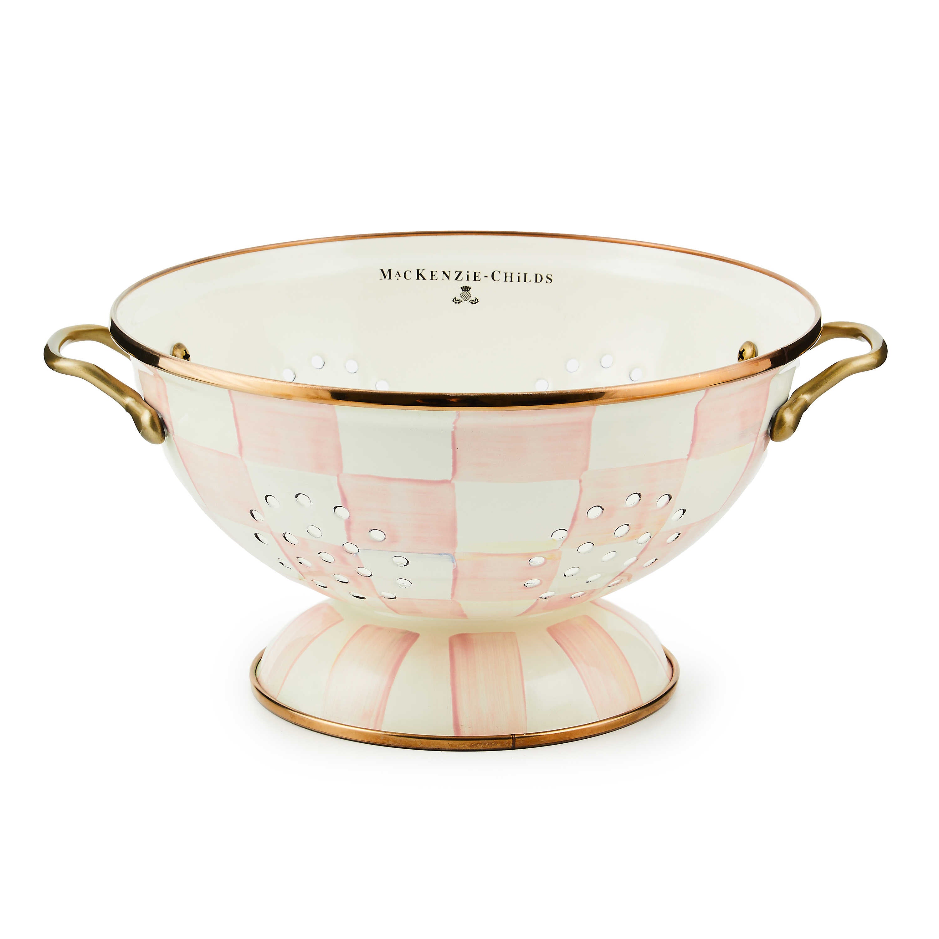Large hand-painted pink and white checkered colander with bronzed rims and brass handles.