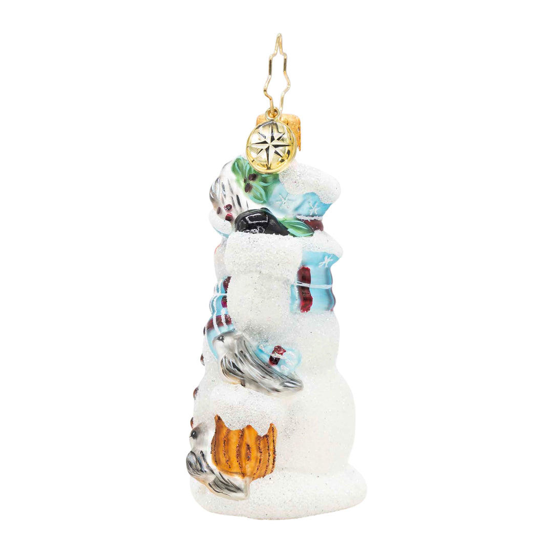 Snowy Perch Pals Gem glass snowman ornament with glitter accents and colorful bird details.