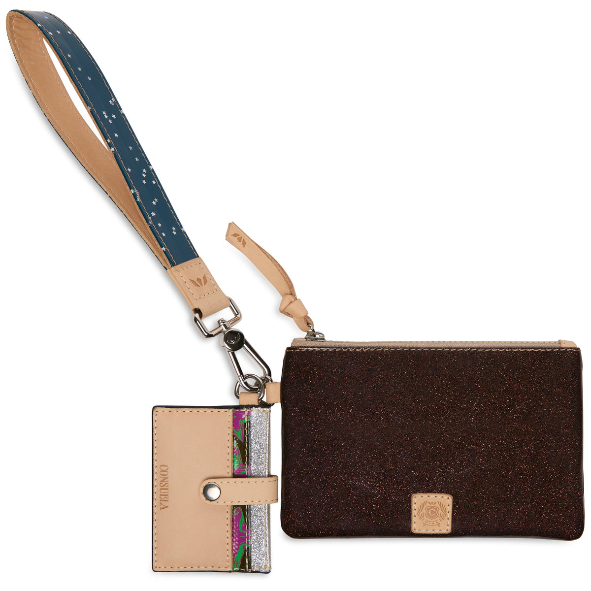 Diego leather wristlet with five card slots, D-ring pouch, and attached cardholder.