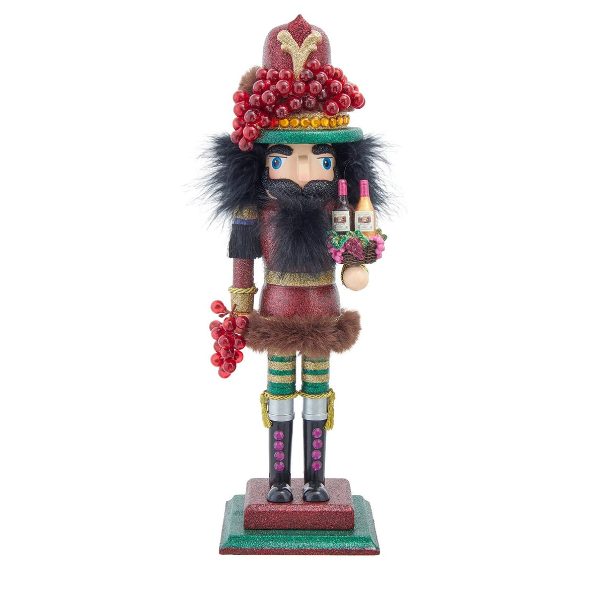 16-inch Hollywood Wine Nutcracker with grape clusters, wine bottles, and glittery red and green trim.