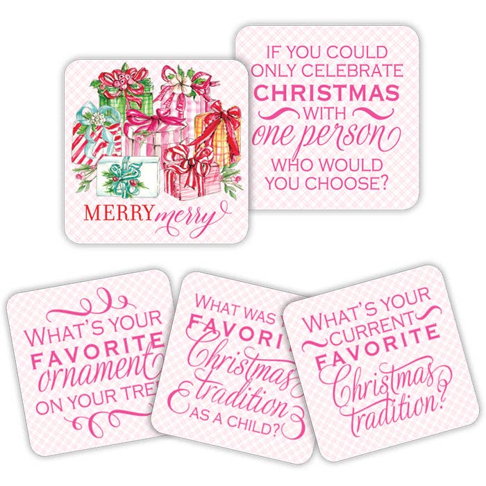Handpainted ceramic conversation coaster with a circular shape.