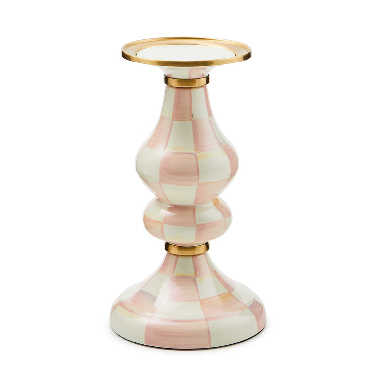 Rosy Check Pillar Candlestick with hand-painted pink and white checks and brass accents.