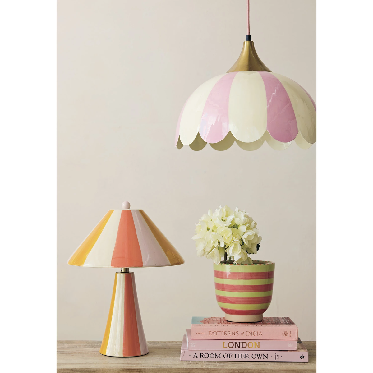 Round enameled metal pendant lamp with scalloped edges and striped pattern in iron
