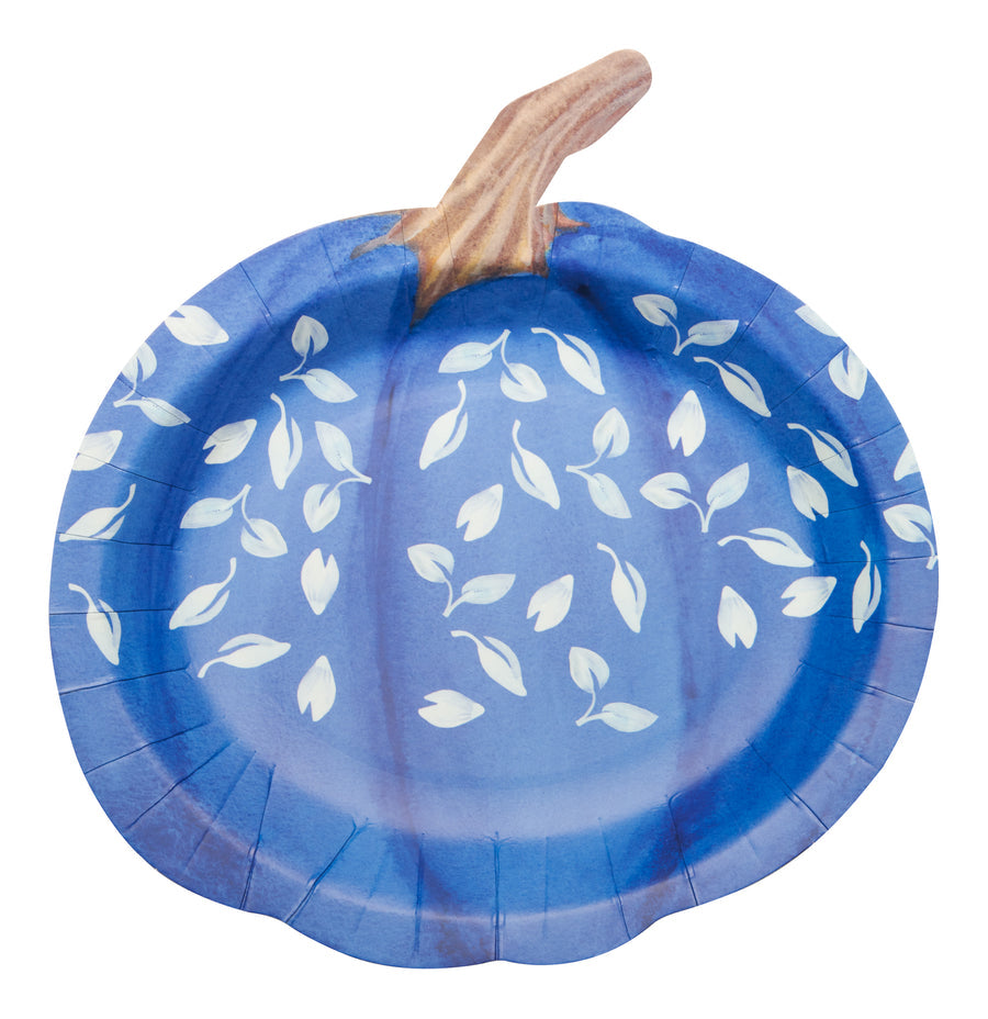 Blue ceramic salad plate with pumpkin harvest leaf patterns