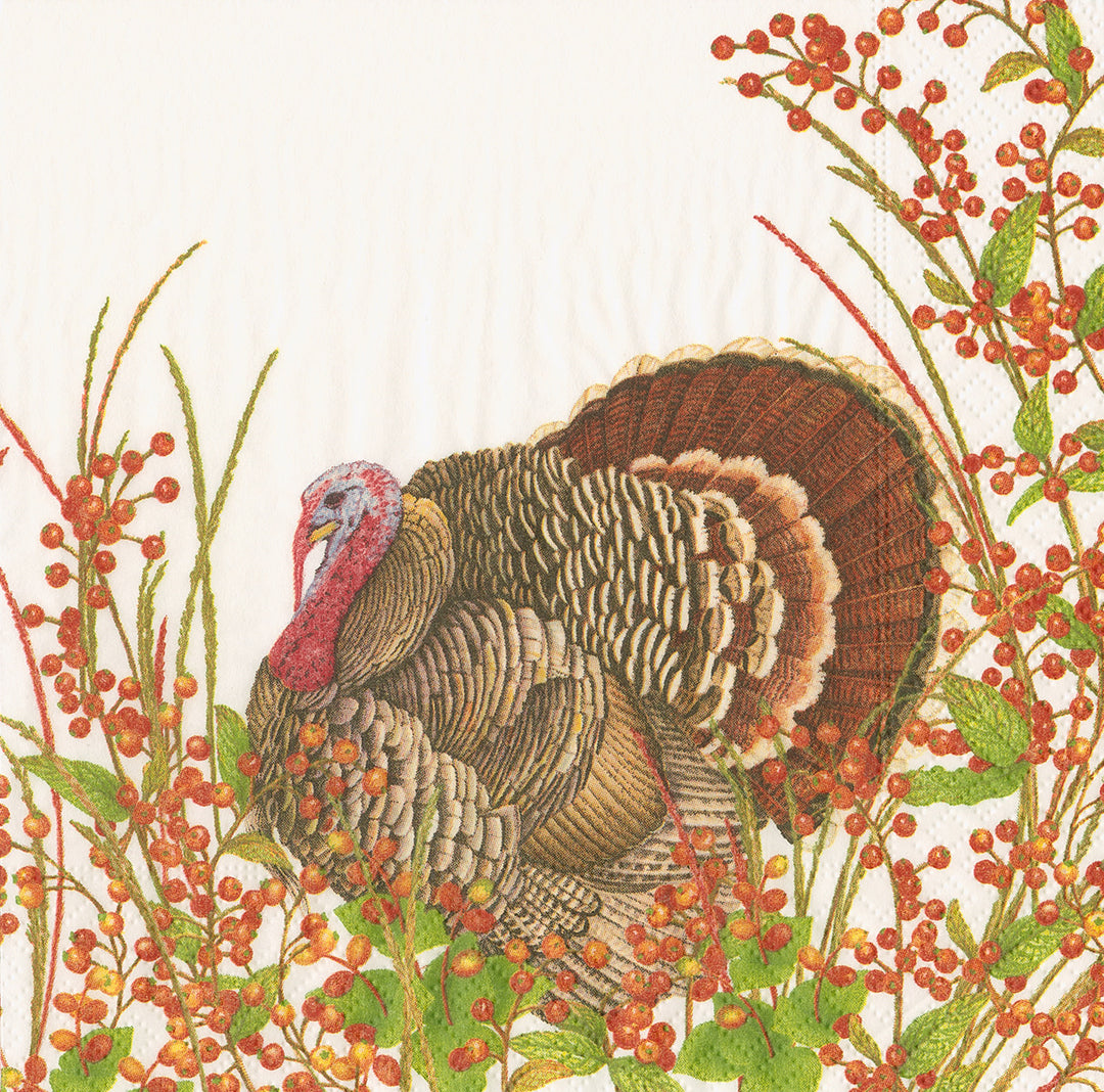 Turkey and Berries Cocktail Napkin featuring a detailed turkey illustration among red berries.