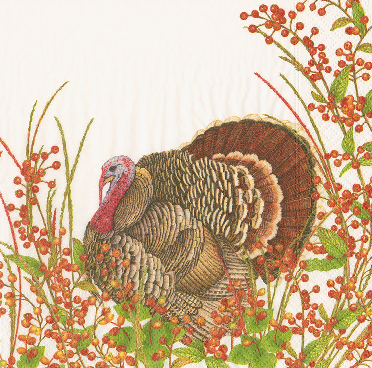 Turkey and Berries Cocktail Napkin featuring a detailed turkey illustration among red berries.