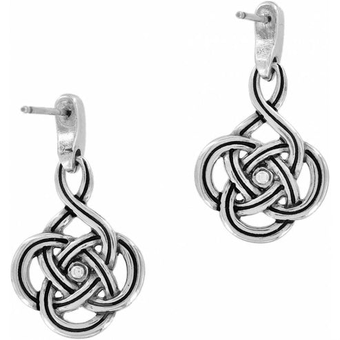 Silver plated post earrings with a flat disc back featuring fine quality crystal drops measuring three-quarters inch.