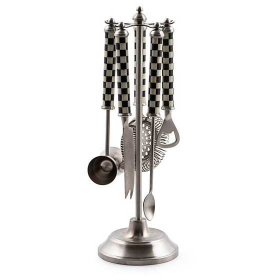 Courtly Check Bar Tool Set with five stainless steel tools on a stand with checkered handles.