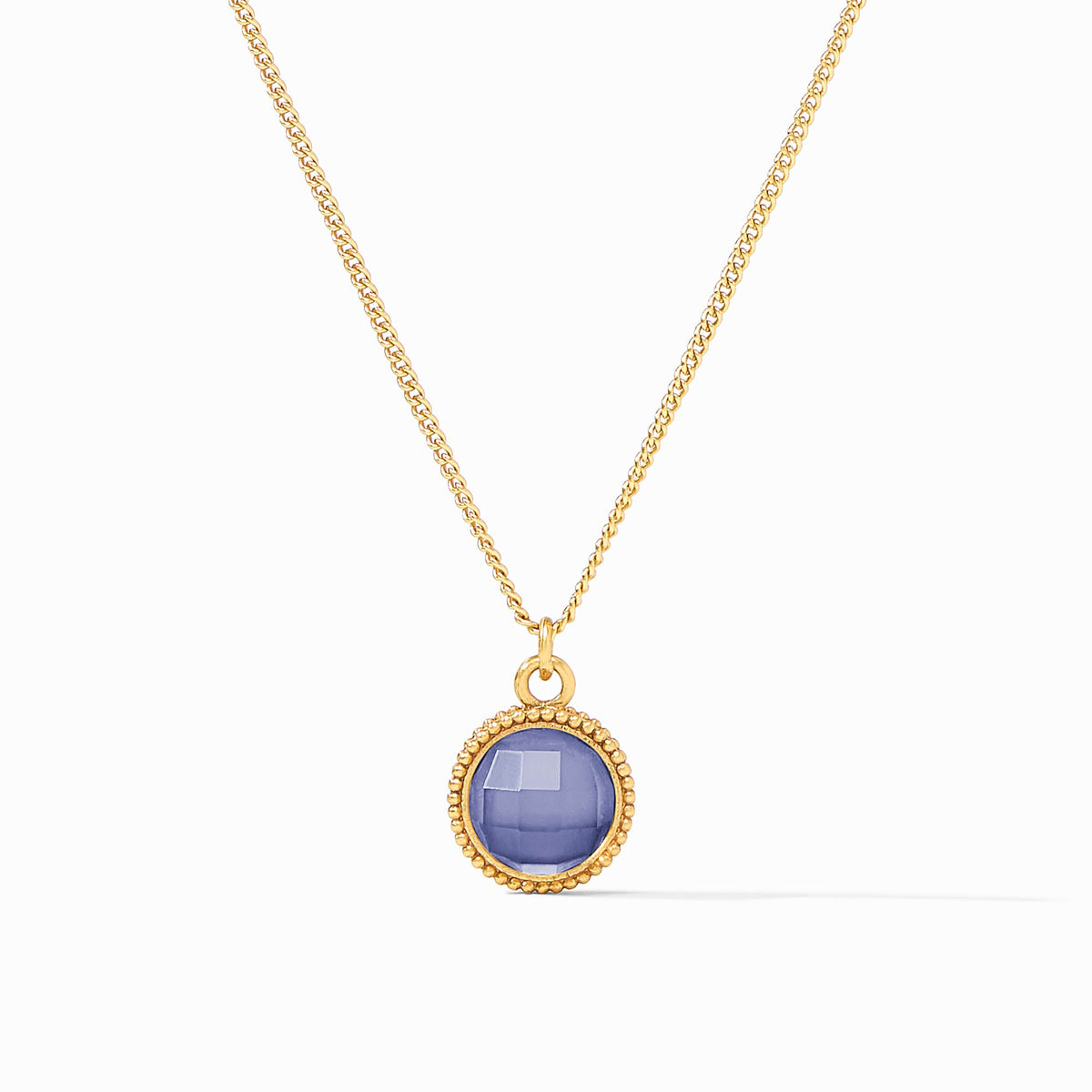 Fleur-De-Lis Solitaire Necklace featuring a round purple glass pendant on a 24K gold plated chain.