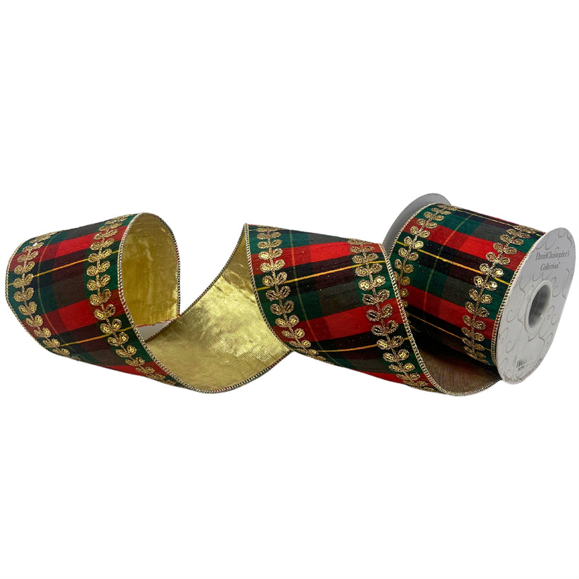 Four-inch wide gold leaf embroidered ribbon on traditional plaid dupion fabric.