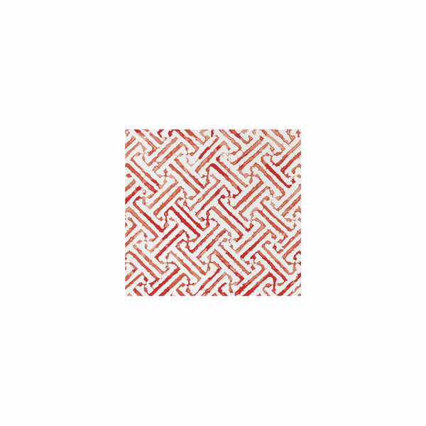 Square cocktail napkins feature a repeating red and white geometric lattice pattern.