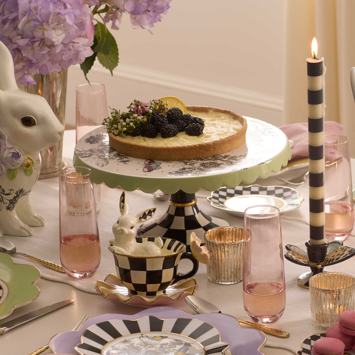Butterfly Toile Large Pedestal Platter with a lemon blackberry tart on a decorated table.